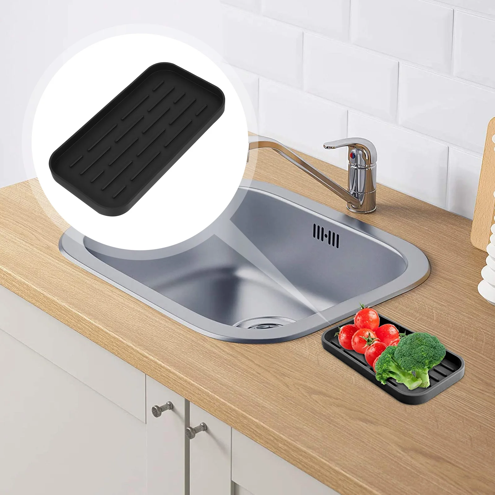 

Black Silicone Kitchen Sponge Holder Draining Pad Drying Mat Sink Organizer Coaster Tableware Fruit Vegetable Rack