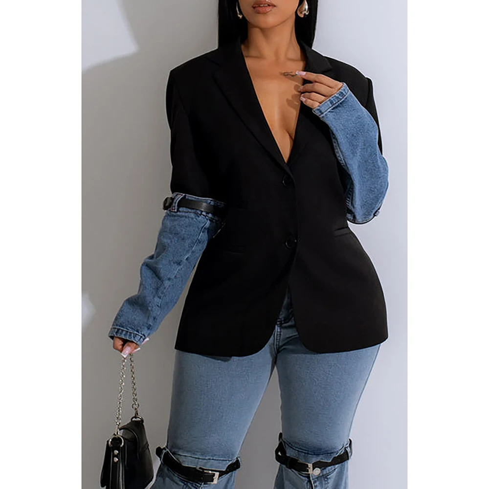 Plus Size Semi Formal Blazer Casual Black Fall Winter Turndown Collar Long Sleeve Contrast Cotton Blazer