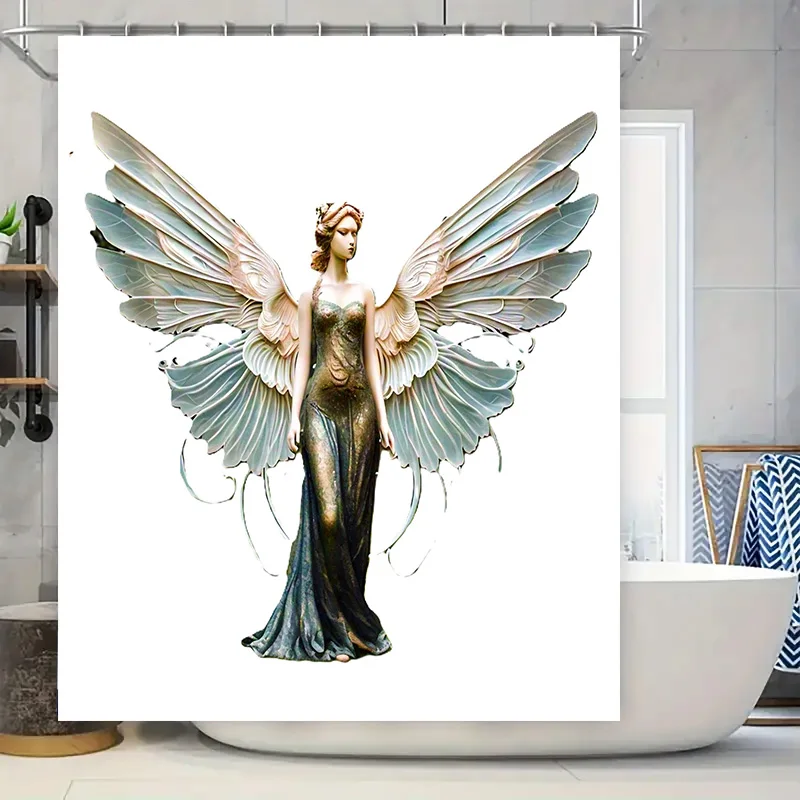Luxury Angel Wing Shower Curtain Home Decor Bathroom Art Print for Living Room Decoration Waterproof Fabric Wall Hanging Green W
