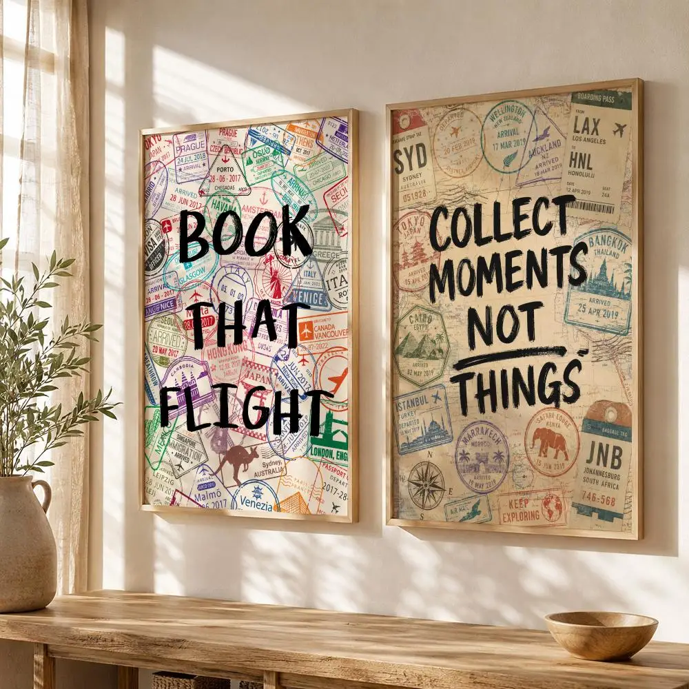 Retro Passport Stamps Poster Stickers Painting Self-Adhesive HD Art for Bedroom Living Room Home Decor Wall Decals Gift