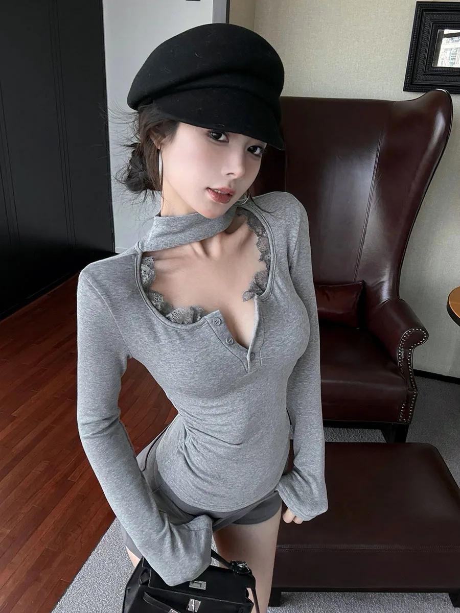 

2025 Woman V-Neck Tops, Lace Halter-Neck Tees, Female Spring Autumn,Street Wear,Long Sleeve T-shirt