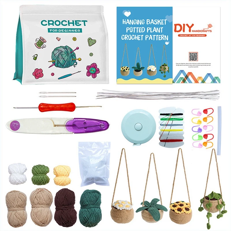 

Beginner Crochet Kit Adult Learning Crochet Kit Potted Plant Decorative Crochet Kit Hanging Potted Plant Crochet 4Piece