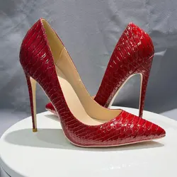 Tikicup New 12cm 10cm Thin Heeled Sexy Women Red Crocodile Effect Pointy Toe Party Wedding Shoes Snakeskin Stiletto Pumps