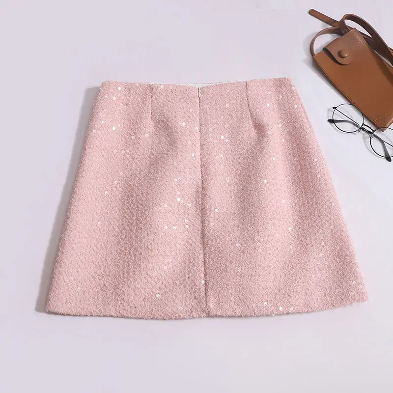 Short Pink Sequin Skirts Sweet Slim Sexy Faldas Mujer Moda 2024 Jupe Korean Black Office Lady Clothes Ropa