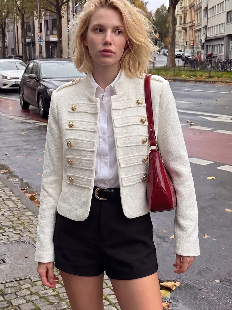 Women's Solid Jacket 2026 New Fashion Double Breasted Decor Suit Jacket Streetwear Long Sleeve Elegant Round Collar Coat
