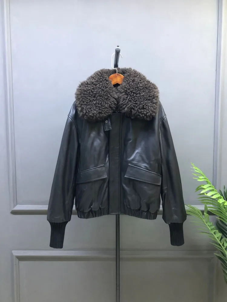 Winter New Casual Warm Women Turn Down Collar Zipper Genuine Leather Goose Down Coat Sheepskin Jacket Loose Fit Ladies Outerwear