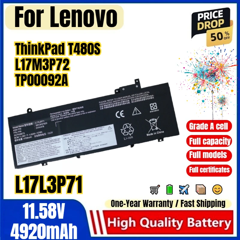 L17L3P71 for Lenovo ThinkPad T480S L17M3P72 TP00092A Laptop Battery 0 Cycle High Quality Capacity Battery Replacement Bateria