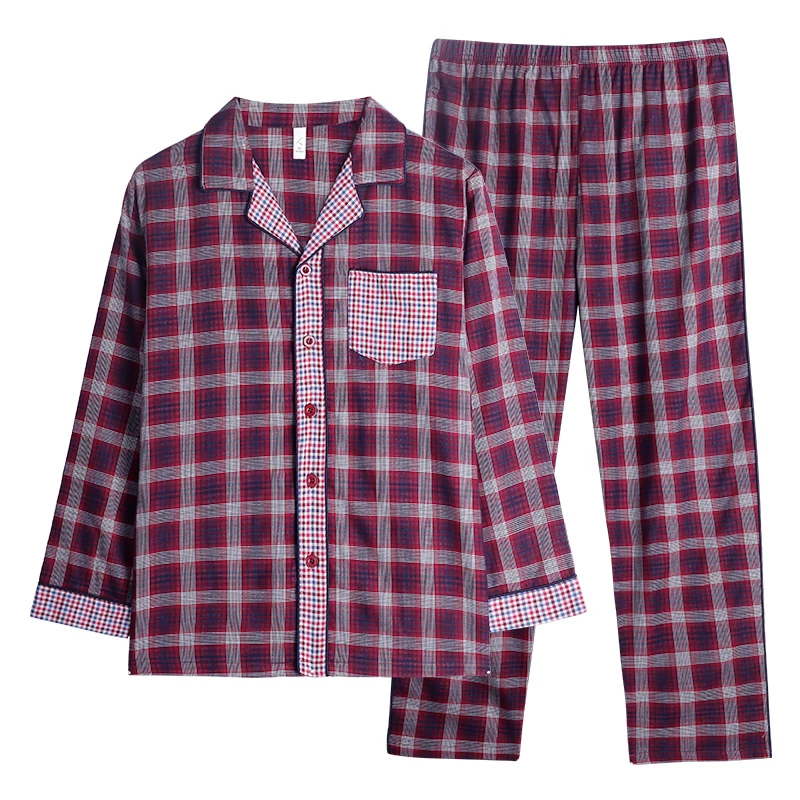 Männer Plaid Splice Nachtwäsche Herbst Gewebte Baumwolle Langarm Hohe Qualität Pyjamas Lässig Strickjacke Homewear Große Yards Pijama Hombre