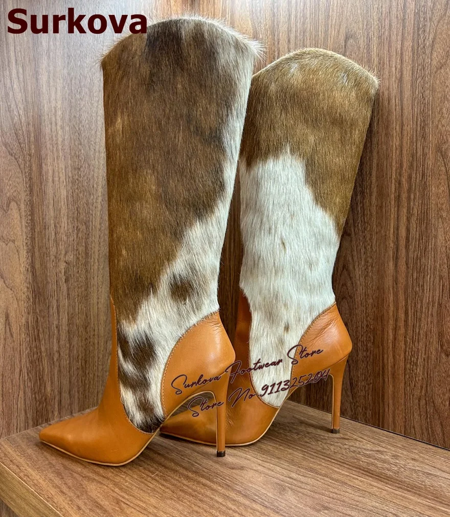 

Ботфорты Surkova из коровьей кожи с узором под конский волос, коричневые, матовые, в стиле пэчворк, с мехом, на высоком каблуке-шпильке, осенне-зимние