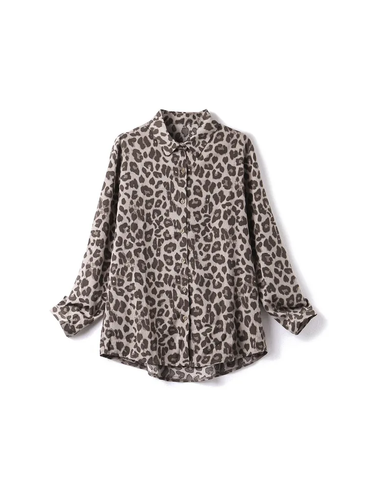 Spot European Station Large Size New Straight Tube Leopard Print Chiffon Shirt Loose Fat Sister Women\'s Wear 2022 Autumn