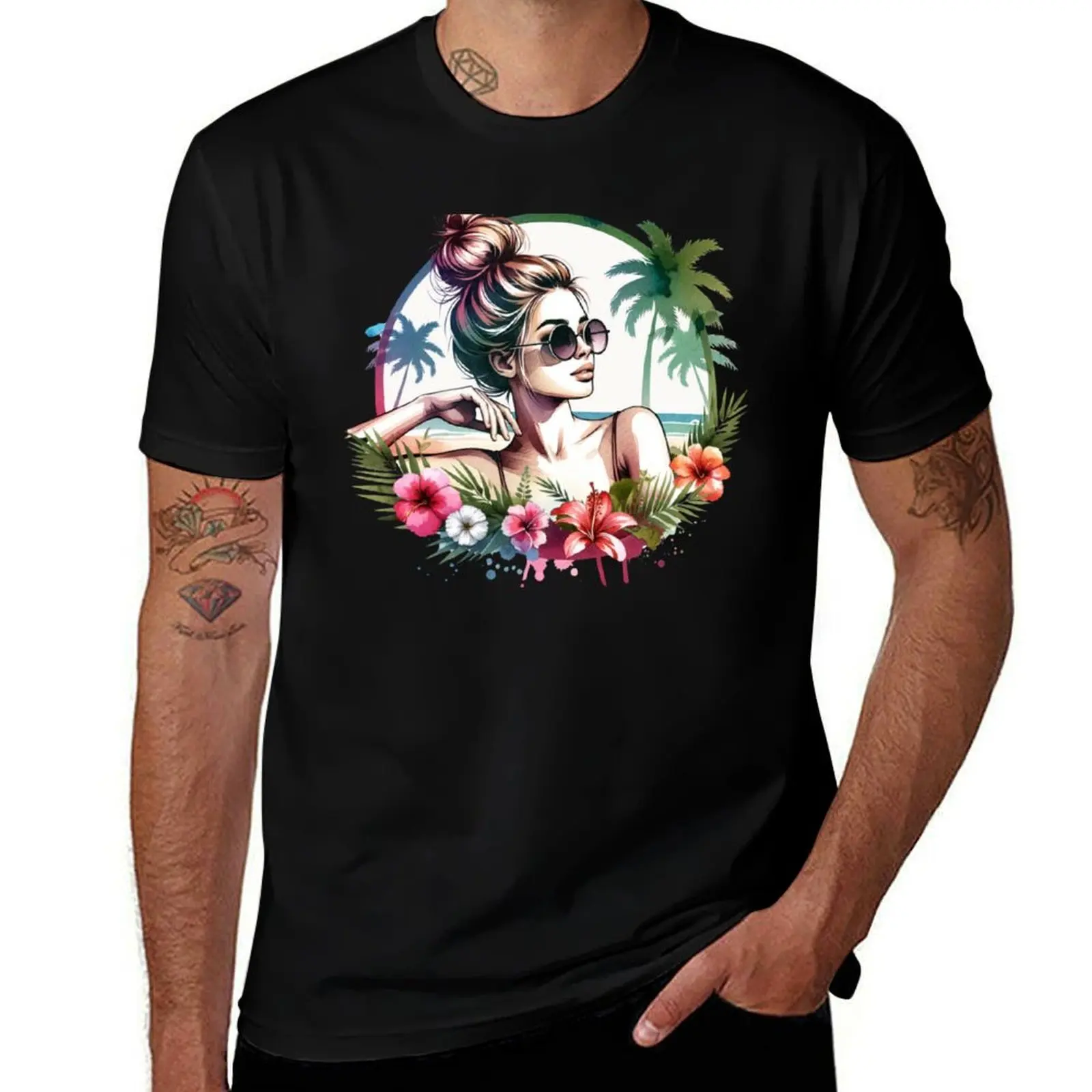 Messy Bun Babe on Beach T-Shirt Simple Casual Short Sleeve Cotton T-Shirt