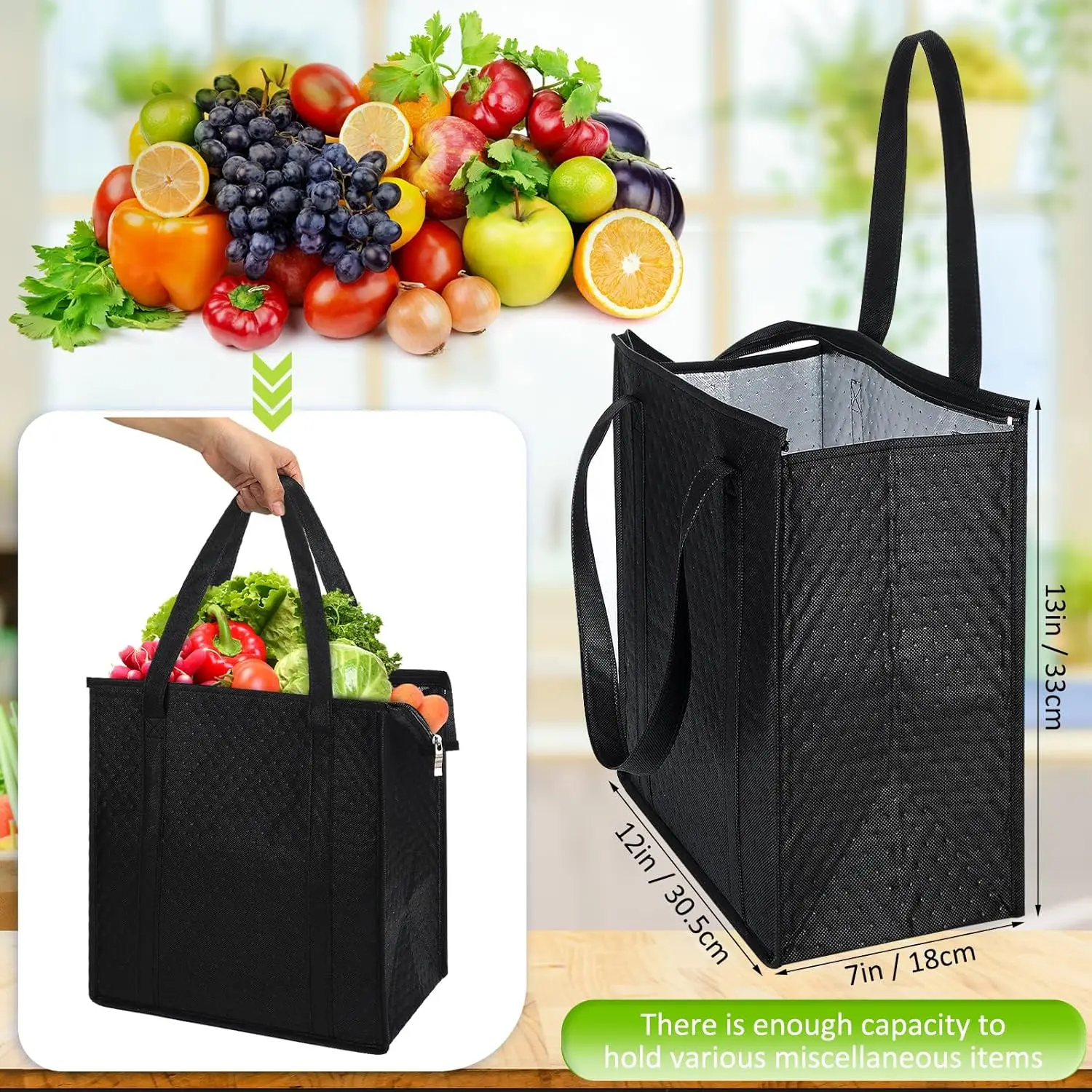 10 Pack Large Insulated Grocery Bags Reusable Shopping Bags with Zippered Top 13 x 12 x 7 Inch Thermal Cooler Totes Bulk with Ha