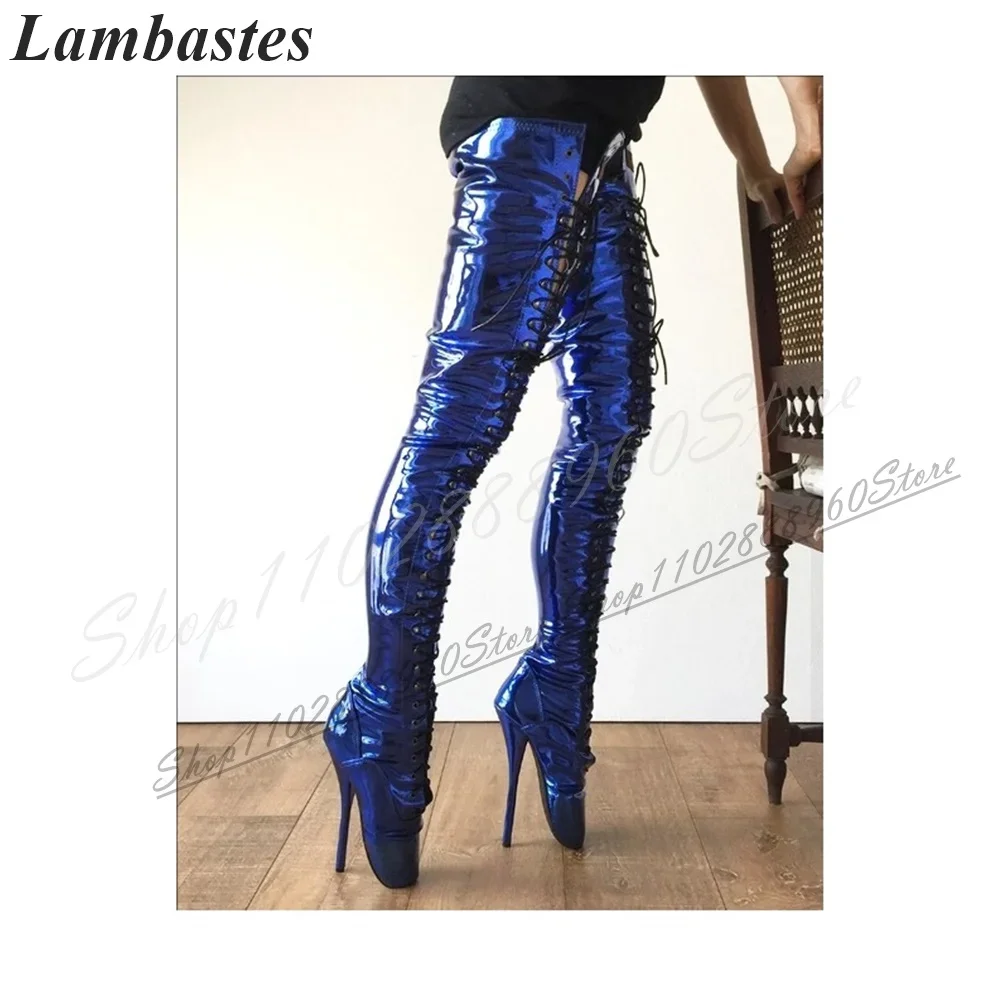 الفخذ العليا الأزرق براءات الاختراع والجلود الأحذية الفاخرة رقيقة أحذية عالية الكعب للنساء عبر تعادل جولة تو 2024 موضة Zapatillas Mujer