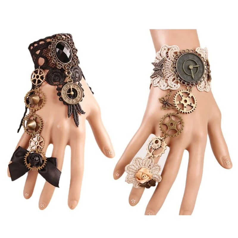 2 kleuren Damesuitrusting Klok Decor Armband Ringen Goth-stijl Verstelbare polsbeschermer