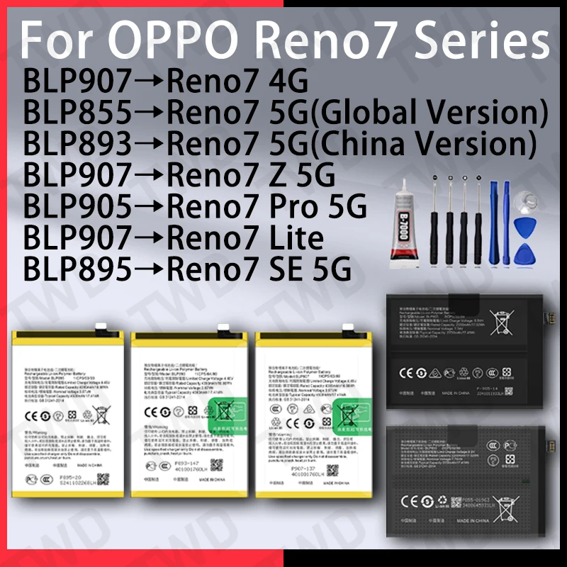

Battery for OPPO Reno7 4G 5G Pro SE Z Lite BLP907 BLP855 BLP893 BLP905 BLP895 Replacement Bateria High Capacity +Free Tools