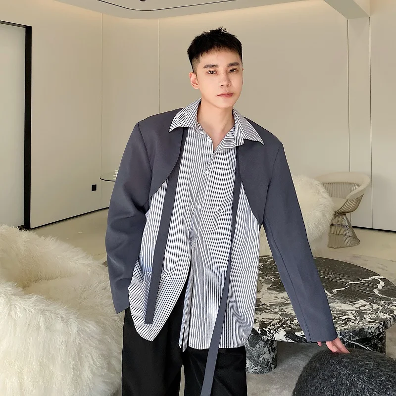 

Spring New Sle ort Men's Suit Jaet Casual Striped irt Hair St Fake Two-Piece Design Sensation Trendy