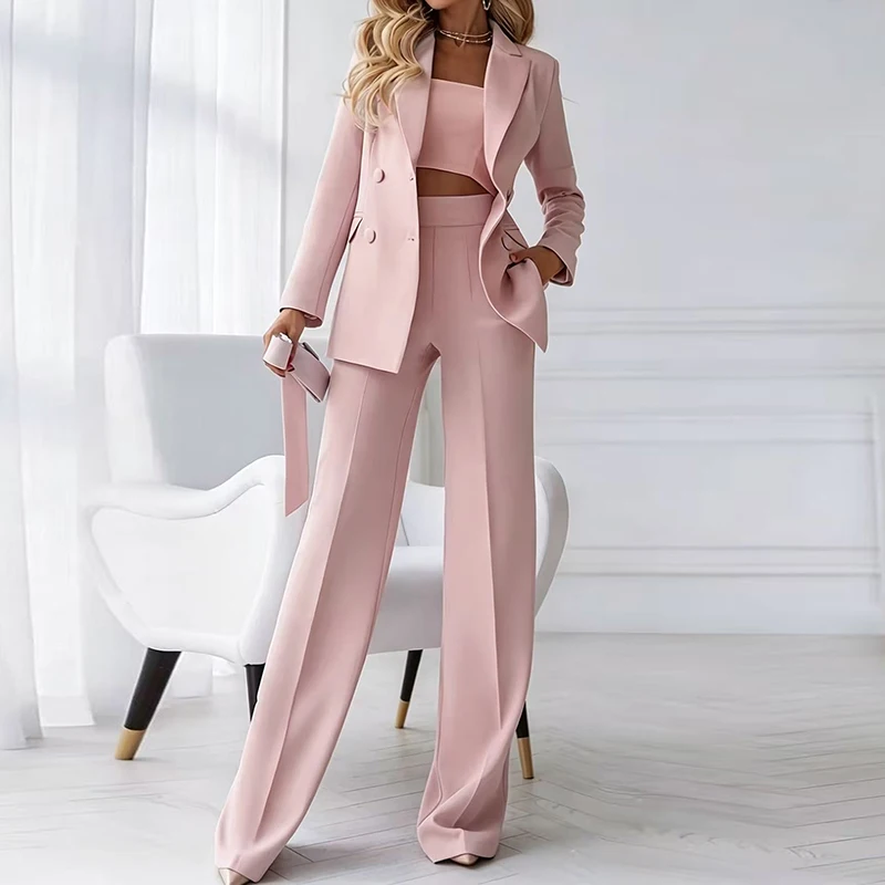 Autumn Winter Formal Occasion Women Outfit Simple Lapel Long Sleeved Coat and Pants Suit Office Casual Solid Color Two Piece Set