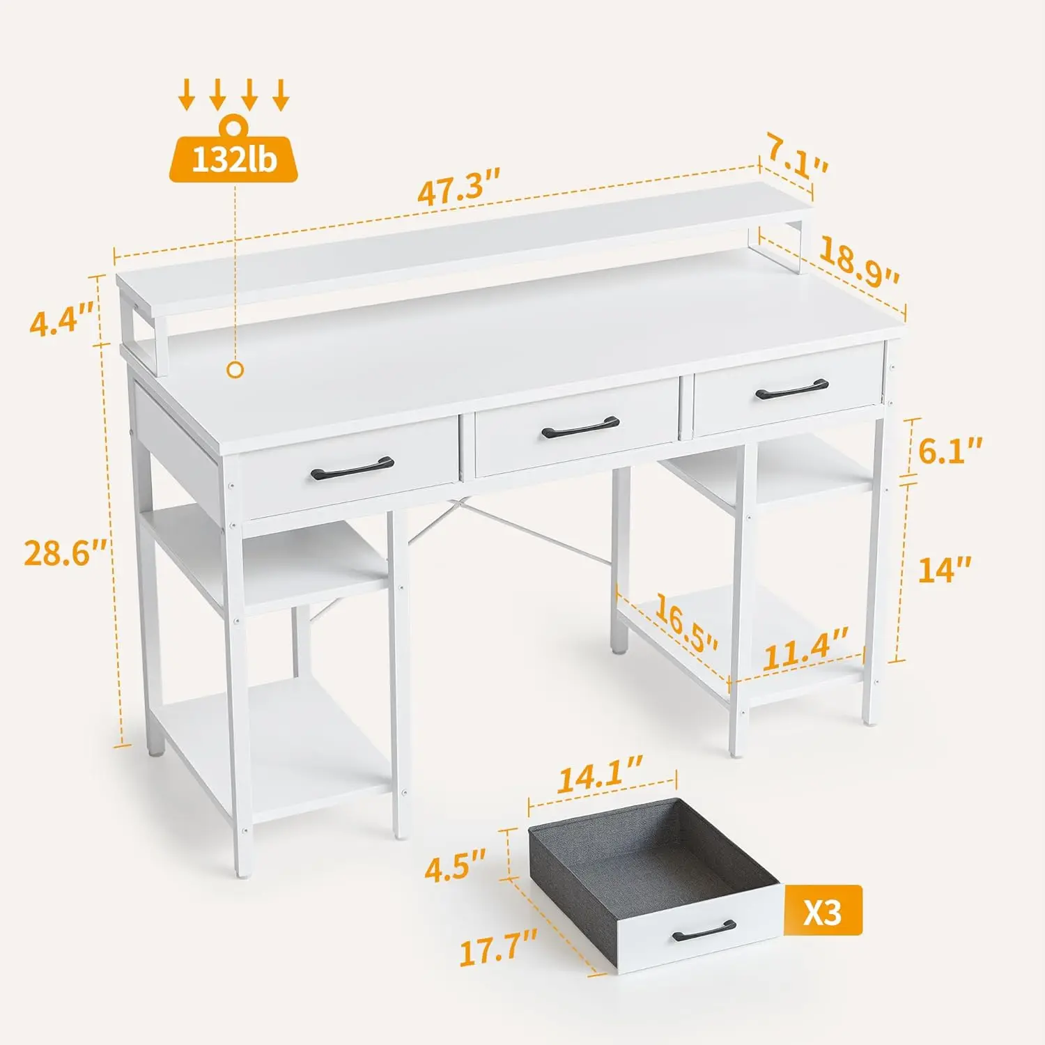 47-calowe biurko komputerowe z 3 szufladami i półkami do przechowywania, małe biurko do domowego biura ze stojakiem na monitor, stół do pisania nauki