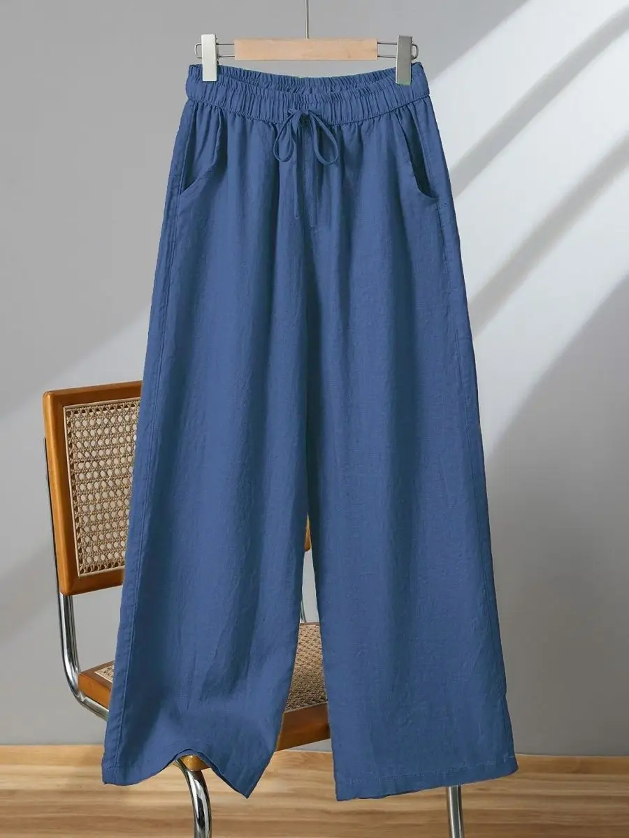 Cotton Linen Wide Leg Pants Women Summer Thin Loose plus Size Casual Straight Nine Point Pants High Waist Comfortable Breathable