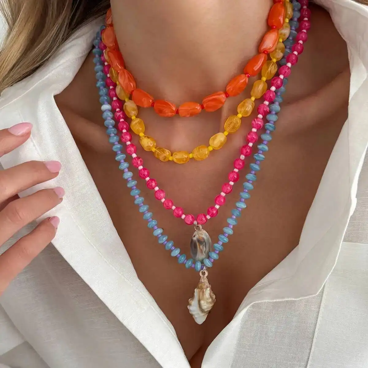 IngeSight.Z 4Pcs/Set Summer Boho Colorful Resin Rice Beads Choker Necklace Creative Plastic Conch Pendant Neck Accessory Jewelry