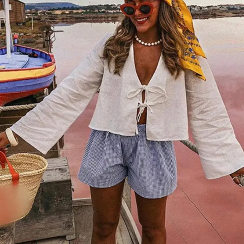 H.Aic-Camisa de linho com renda para cima feminina, oca, decote em v, blusas de manga comprida, monocromáticas, tops femininos com todos os