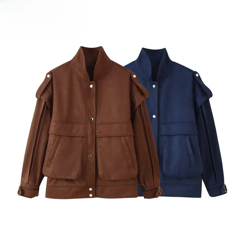 سترة نسائية أنيقة من جلد الغزال المخملي بأكتاف عريضة وجيوب كبيرة، ملابس خارجية لخريف 2025 بأكمام طويلة وإغلاق بالأزرار