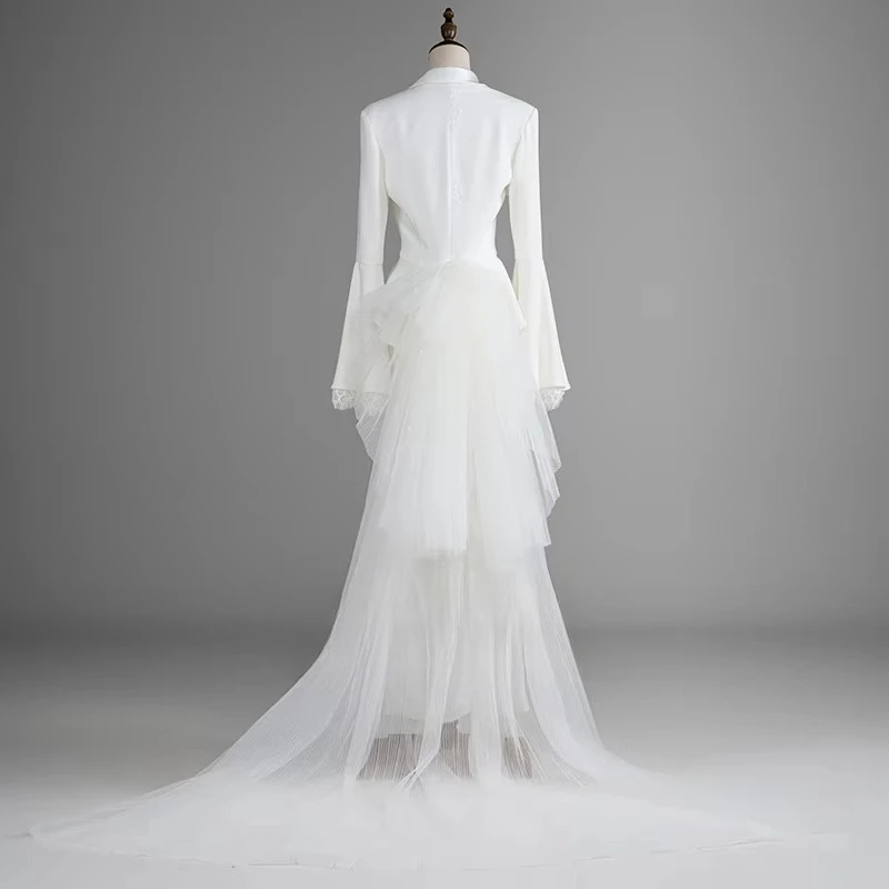 customized Modern Blazer Style White Wedding Jumpsuit with Detachable Tulle Train Lace Details Bridal Reception Pantsuit Formal