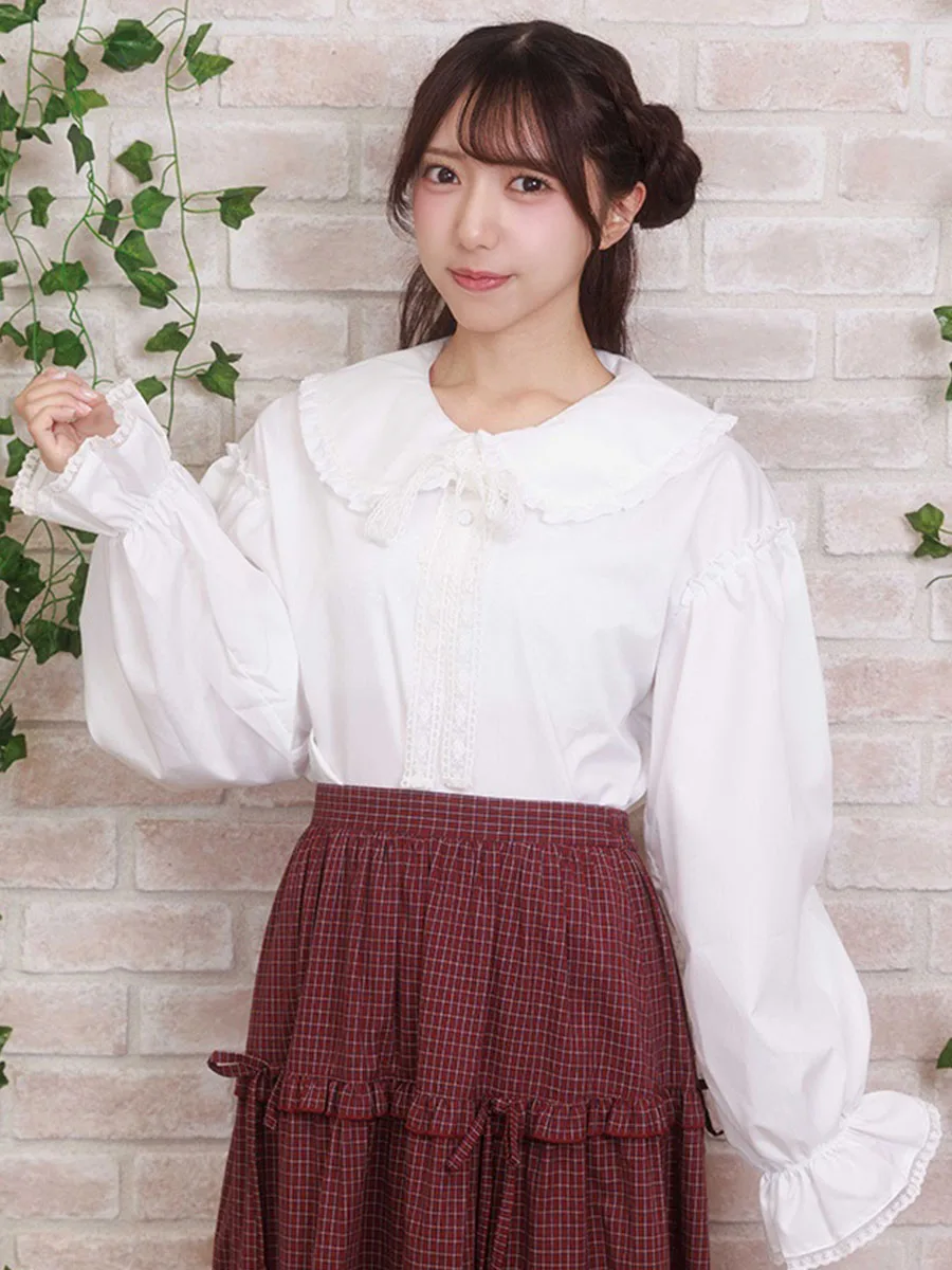 

Милая женская блузка с кружевным воротником и лентой, свободного кроя, с длинными рукавами, из смесового полиэстера и хлопка, с пуговицами, для повседневной носки