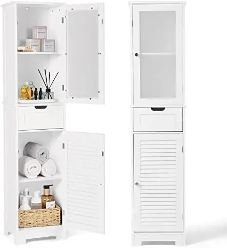 

Bathroom Floor Cabinet, Freestanding Wooden Organizer with Glass Shutter Doors and Adjustable Shelves Linen Cabinet for Bathro