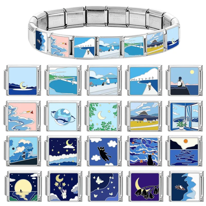 Blue Night Starry Sky Moon Star Cats Dog Heart Butterfly Italian Charm Links Fit 9mm Stainless Steel Bracelet Women DIY Making
