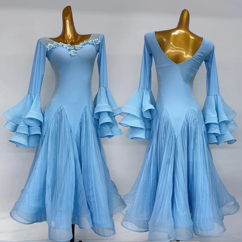 Sukienka balowa damska standardowa do tańca nowoczesnego, strój sceniczny, niebieska suknia balowa do tańca towarzyskiego, sukienki do walca AMY2727