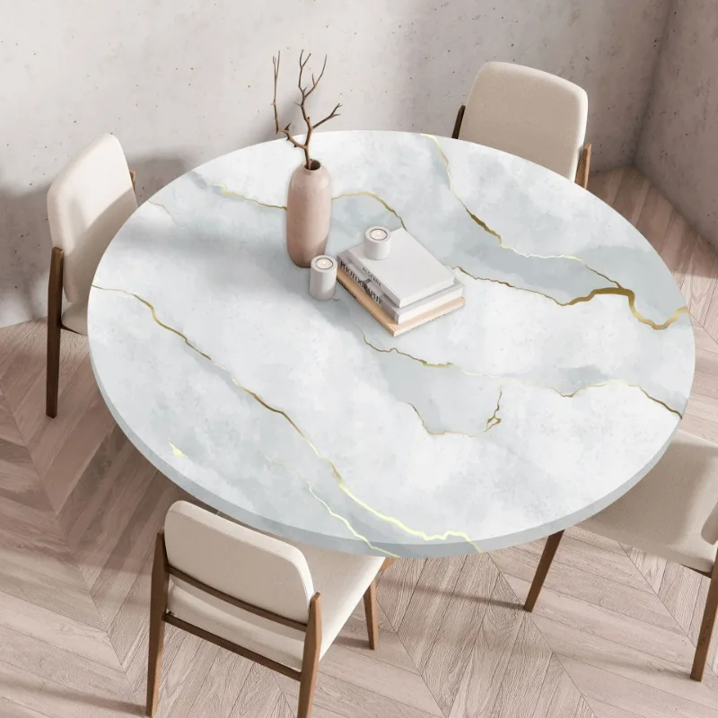 2025 New Round Marble Tablecloth, Elastic Table Cover, Waterproof and Washable Tablecloth, Round Table Cushion