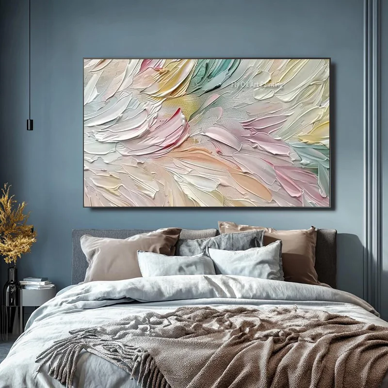 Wide Horizontal Pastel Abstract Canvas Art Handpainted Thick Palette Knife Oil Painting Soft Multicolor Statement For Wall Decor