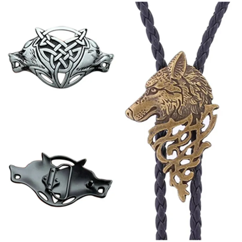 Two sets of Bolo ties with leather belt buckles - creative animal wolf-patterned neckties - fashionable accessories