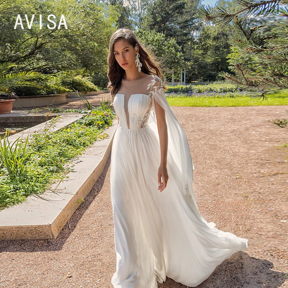 Vestidos De Novia De línea a con cuello redondo, manga corta, gasa, apliques en la espalda, largo hasta el suelo