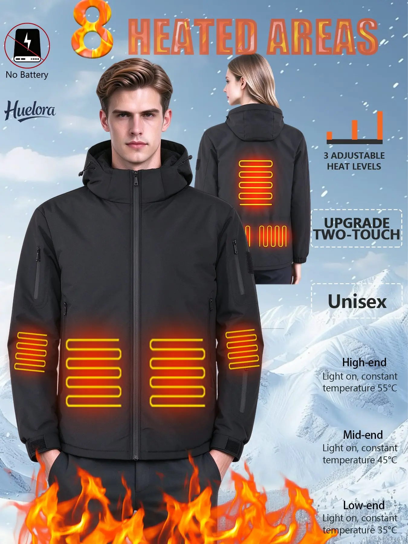 Huelora Men Heated Jacket with Hood 8 Heating Zones 3 Heat Levels Waterproof Windproof Hardshell Warm Heating Coat for Outdoor