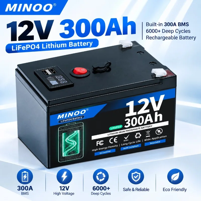 LiFePO4 12V 300AH 12V 200AH Battery Free Charger 12V Lithium Battery Built-In 300A BMS 6000+ Cycle Foat Fast Ship From EUr Bo