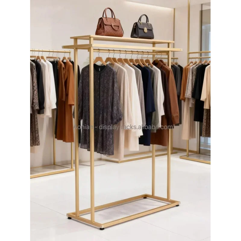custom.Detachable Floor-standing Double-row Hanging Rack Display Stand Chromed Metal Easy Assembly Women's Clothing S