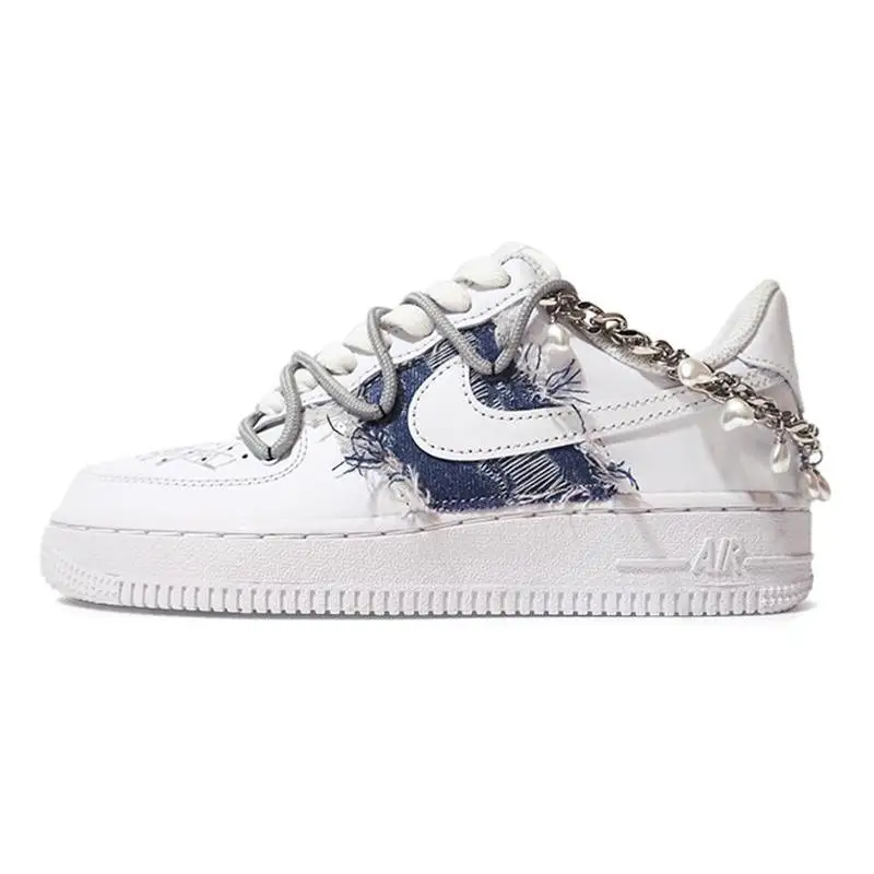 

[Женская джинсовая нашивка на заказ белого и синего цвета] Nike Air Force 1, противоскользящая и износостойкая легкая с низким верхом для скейтборда Sh