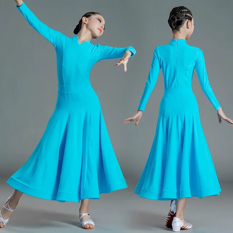 Girl Ballroom Dance Competition Outfit Long Sleeve Leotard Big Swing Skirt Kid Standard Modern Dance Performance Costume VDB6421