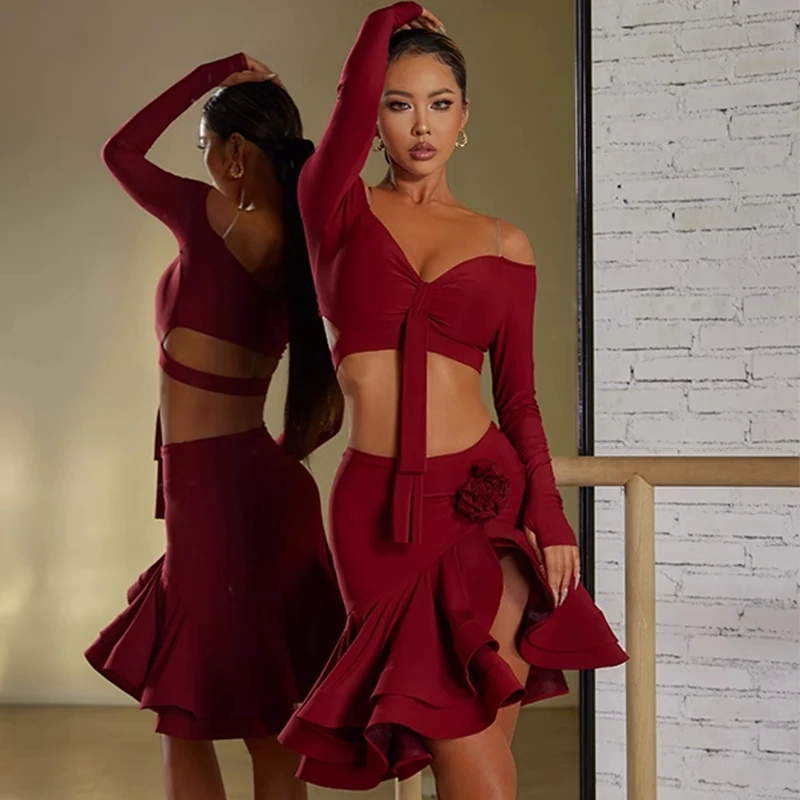 Top da ballo latino Top da donna a maniche lunghe Gonna divisa a fiori Rumba Samba Tango Abiti da pratica per spettacoli di danza