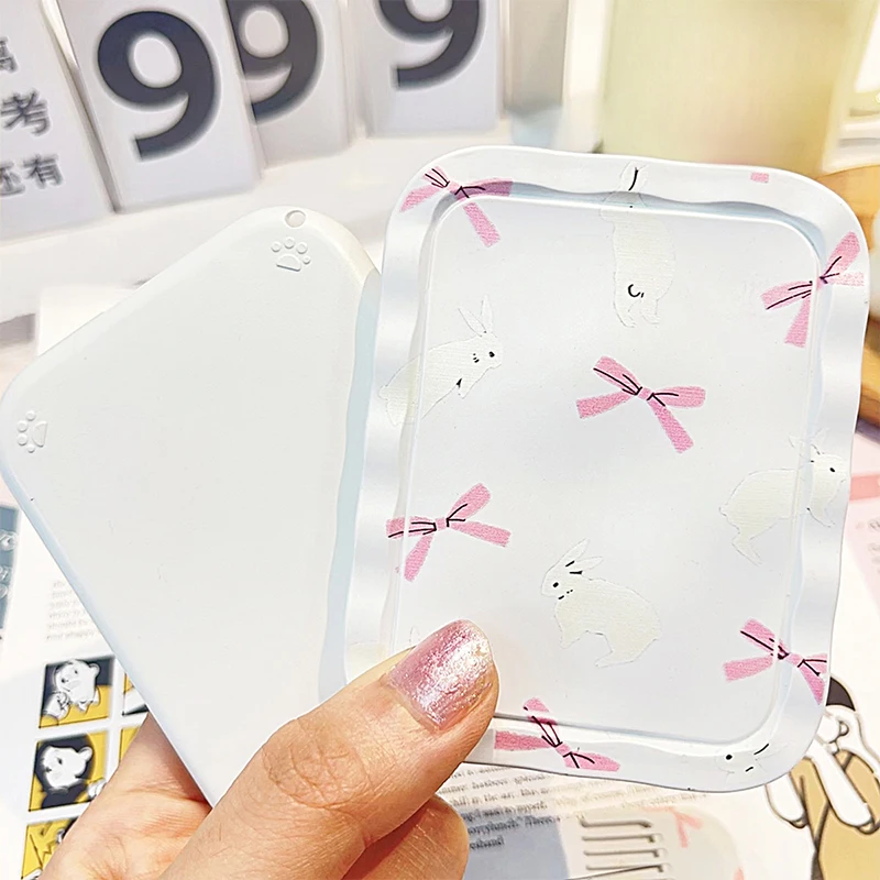 White Rabbit Bow Flip-Top Folding Makeup Mirror Portable Pocket Mirror Women Rectangle Cosmetic Make Up Mirror With Comb