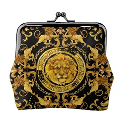 Golden Lion Baroque Print Leather Coin Purse Small Kiss-Lock Change Pouch Clasp Closure Buckle Wallet for Women Girls Travel