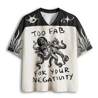 Octopus Art Print V Neck Mesh Jersey, Too Fab Quote Loose Streetwear Short Top