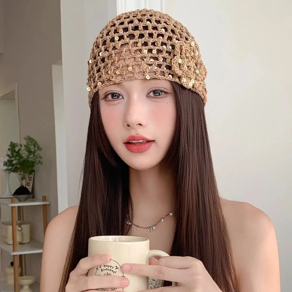 Hollow Crochet Crochet Beanie Hat Lightweight Knitted Yarn Sequin Beanie Soft Texture Sequin Decor Knit Skull Cap Daily Styling
