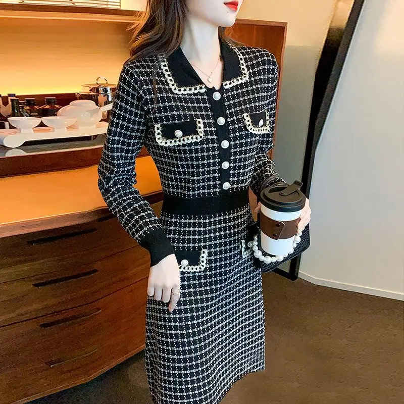 Knit Female Dress Midi Bodycon Knee Length Colorblock Clothing Crochet Women\'s Dresses Cover Up Plaid Hot Promotion One-piece