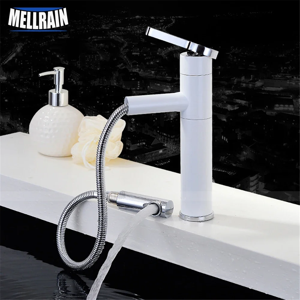 Brass polished and white color paint fashion design bathroom basin mixer faucet pull out & rotation water mixer