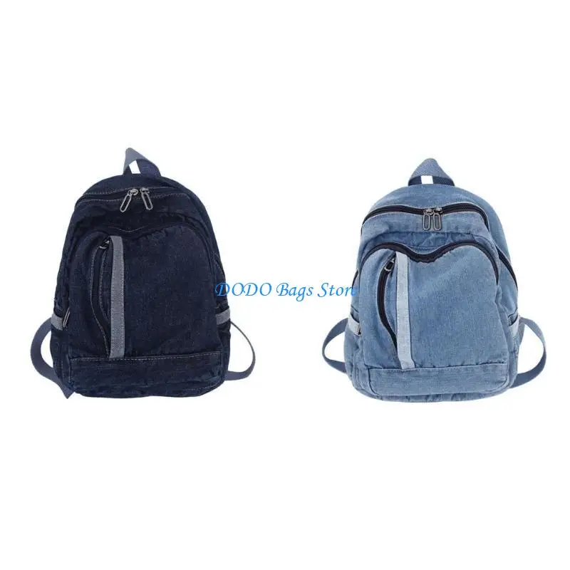 

E8FB Literary Rucksack Schoolbag Daypack Blue Jean Backpack for Daily Shopping