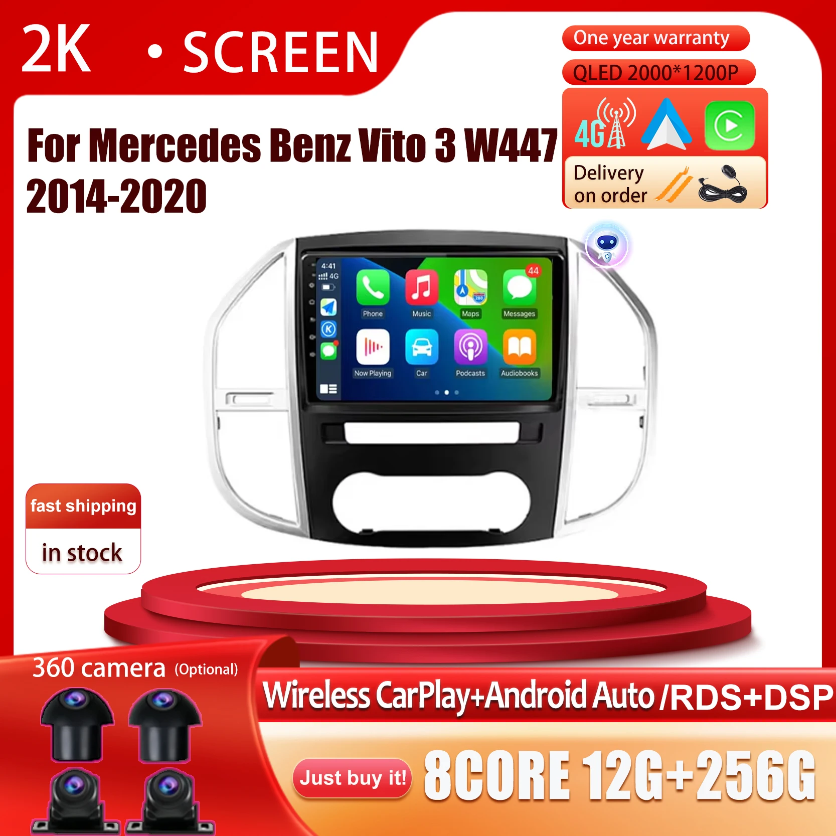 

GPS WIFI+4G Android 14 Carplay For Mercedes Benz Vito 3 W447 2014-2020 Car Radio Multimedia Video Player Navigation Stereo