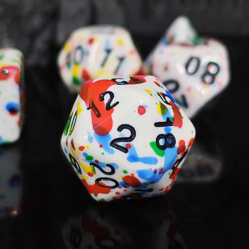 Paint Splatter Dice Set - 7PCS White with Colorful Splash Polyhedral Dice, Perfect for DND RPG & Tabletop Games